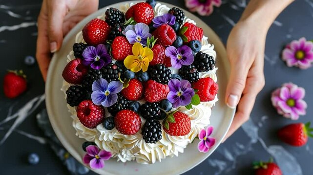 A beautifully crafted cake adorned with a vibrant array of strawberries, raspberries, blueberries, and colorful edible flowers, ready to impress guests at a gathering.