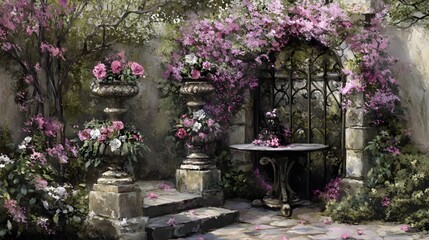 Floral Garden Patio with Stone Steps and Wrought Iron Gate