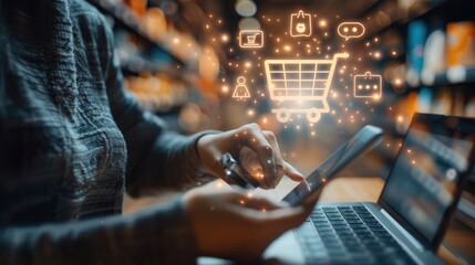 On a virtual screen, a person is using a smartphone and laptop with an icon for online shopping. Concept of business e-commerce. An online store that sells products online.