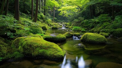 Serene view of the Rock Garden at Mt. Mitake, with lush moss-covered rocks and a clear stream flowing through the peaceful valley surrounded by dense greenery.