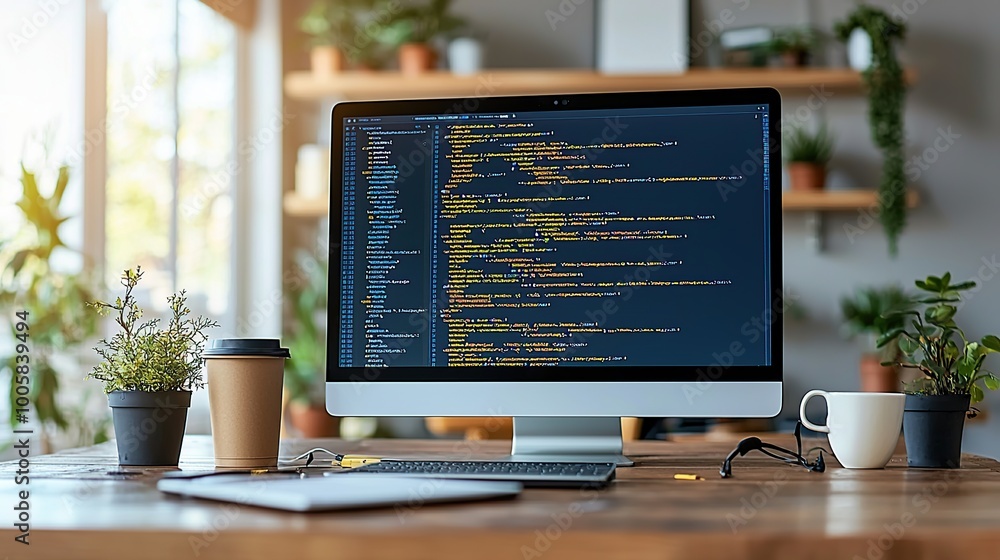 Poster modern desk setup with a computer displaying code, a cup of coffee, and plants.