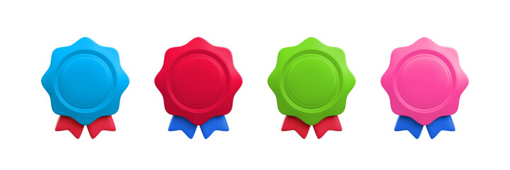 Vector cartoon 3d empty color medal with ribbons realistic icon set. Trendy round wavy award, colorful winner badge. 3d render color metallic quality warranty certificate badge for web, app, design.