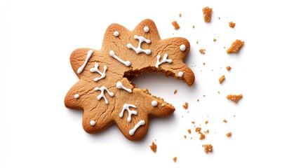A broken gingerbread cookie shaped like a star, decorated with icing, perfect for holiday celebrations and festive baking.