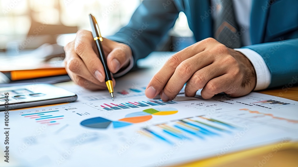Poster A business professional analyzes charts and graphs while writing notes, demonstrating data-driven decision-making and strategy.
