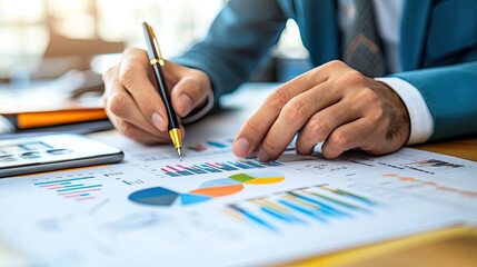 A business professional analyzes charts and graphs while writing notes, demonstrating data-driven decision-making and strategy.