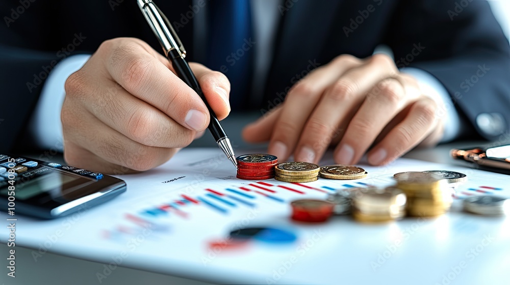 Poster a businessman analyzes financial charts while handling coins and using a calculator, focusing on fin