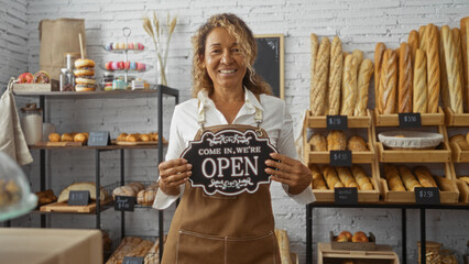 Mature woman standing in bakery holding open sign with variety of bread on display