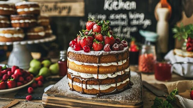 A delightful layered cake sits on a wooden cutting board, adorned with fresh strawberries and raspberries, while a cozy kitchen backdrop adds charm to the summer celebration.