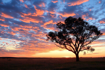 A tree stands in a field with a beautiful sunset in the background. The sky is filled with clouds and the sun is setting, creating a serene and peaceful atmosphere