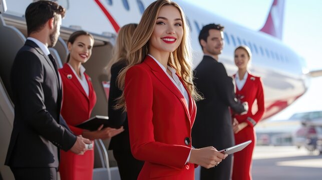 A cheerful flight attendant in a red uniform greets passengers at an airport, embodying professionalism and service.