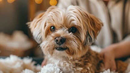 Close-up portrait of a small brown and white dog with soft fur, looking directly at the camera.