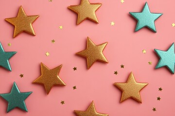 Obraz premium Sparkling gold and teal stars on a pink background with scattered glitter, creating a festive and playful scene.