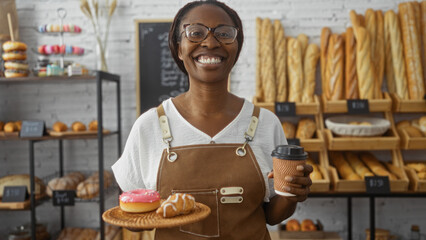 African american woman smiling in a bakery while holding a coffee cup and a tray with pastries, wearing glasses and a brown apron, surrounded by loaves of bread on shelves and a chalkboard menu.