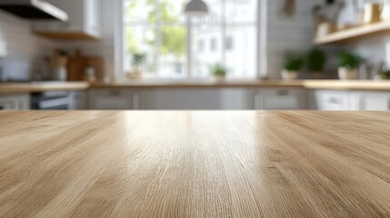 Smooth wood surface with a clean, bright kitchen interior blurred in the distance. Bokeh effect adds depth, perfect for showcasing kitchen products or recipes.