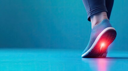 A close-up of a foot wearing a glowing sneaker on a vibrant blue background, showcasing modern athletic footwear technology.