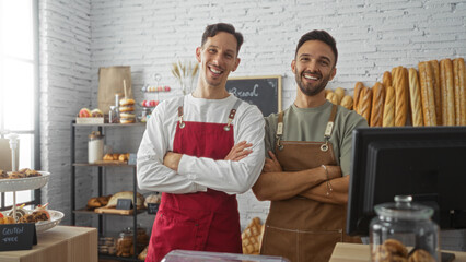 Two adult men bakers with crossed arms wearing aprons in a bakery shop interior with shelves of...
