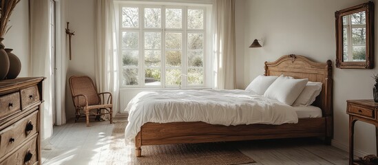 Cozy Sunlit Bedroom with Wooden Furniture and Large Windows Overlooking a Serene Garden