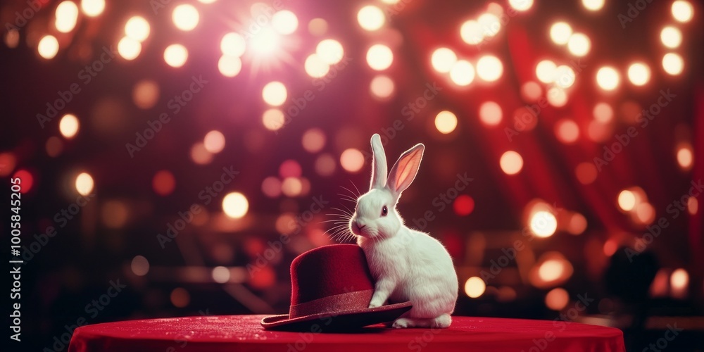 Poster a white rabbit sits on a classic red top hat. the background features vibrant bokeh lights that add 