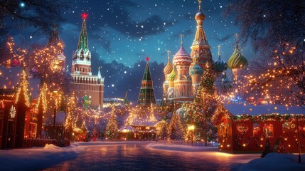Naklejka premium New Year 2025 celebration with Russian cultural themes, showcasing traditional decorations, festive lights, and iconic Russian landmarks.