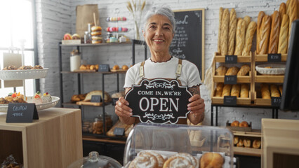 Woman holding an open sign in a bakery with shelves of fresh bread and pastries.