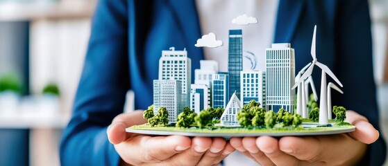 A person holds a miniature model of a sustainable city, featuring skyscrapers, greenery, and wind turbines, symbolizing eco-friendly urban development.