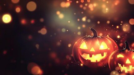 Spooky Halloween night illustration with a blurry background, glowing jack-o'-lanterns, and bokeh. Perfect for Halloween event banners and festive design projects.