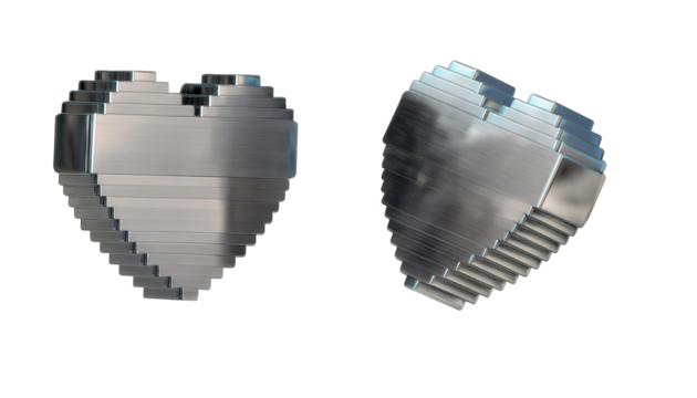 3D Silver metallic pixel hearts shape icon