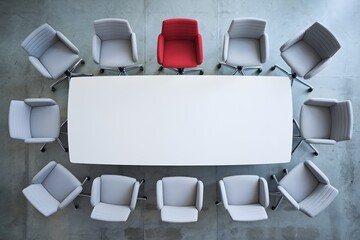 Top down view of conference room with gray chairs and standout red chair