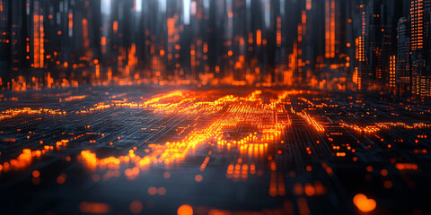Fototapeta premium Composition of figures that falls on the chart of technical analysis, black background, orange colors neon light