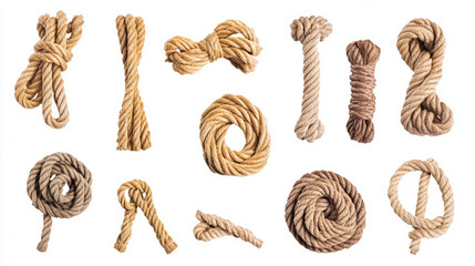 Ropes with different knots isolated on white.A detailed collection showcasing different types of rope knots, each meticulously tied and arranged.