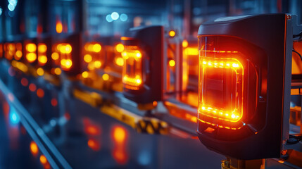 Obraz premium High tech industrial lighting illuminates modern manufacturing facility, showcasing advanced machinery and automation. vibrant orange lights create dynamic atmosphere