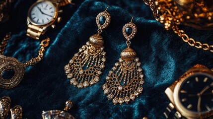 Statement golden earrings laid flat on a velvet background, with other luxury accessories like watches and necklaces creating an opulent flatlay.