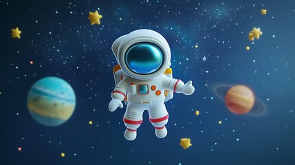 Naklejka premium Cute Astronaut Floating in Space with Planets and Stars