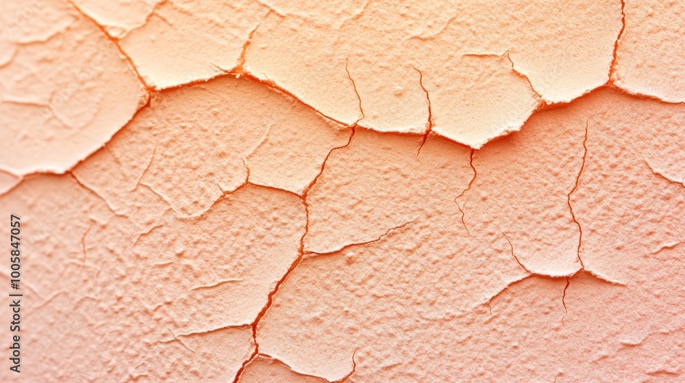 Poster a close-up view of a cracked paint surface showcasing intricate patterns and a soft peach color, ide
