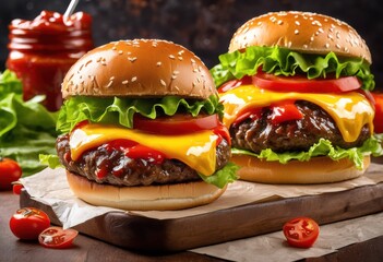 juicy burgers side capturing visual contrast fast food homemade delights, beef, patty, cheese, lettuce, tomato, onion, bun, grill, flame, meal, garnish