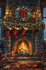 Fototapeta premium Holiday fireplace scene with room for personalized text.