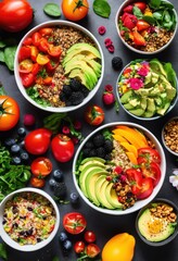 vibrant flat lay display colorful plant based dishes featuring fresh ingredients aesthetic food arrangement eye catching presentation, aesthetics, artistic