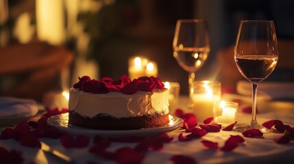 A heart-shaped cake adorned with red petals, surrounded by glowing candles and glass of wine, setting a romantic ambiance.