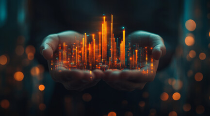 Close-up of hands holding an abstract digital cityscape with upward-trending graphs and charts, symbolizing business growth in the financial industry