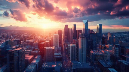 Fototapeta premium The skyline of a thriving city in 2025, illuminated by a beautiful sunset, with towering buildings and bustling city life.