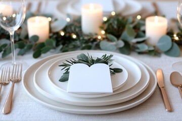 Elegant table setting with candles and greenery, ready for a festive holiday dinner, with white and gold accents.