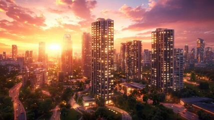Obraz premium The year 2025, a city full of life and energy, tall buildings illuminated by the warm glow of the setting sun.