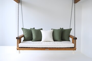 White cushioned wooden swing with green cushions, serene white background