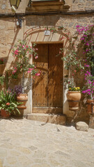 Obraz premium Charming mediterranean doorway in mallorca decorated with vibrant flowers and ancient stonework capturing the essence of spanish island life