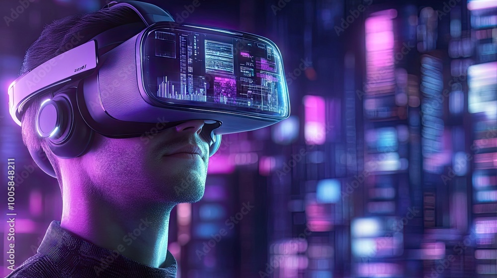 Poster virtual reality headset user in a futuristic world, exploring blockchain technology in the metaverse