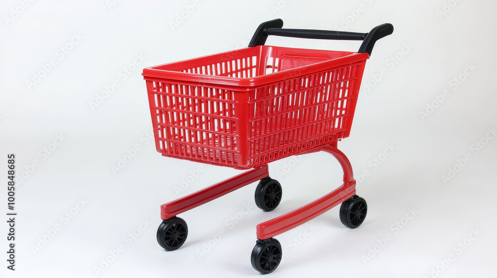 Poster a red plastic shopping cart with a black handle is shown empty. it's made to look like a real cart a