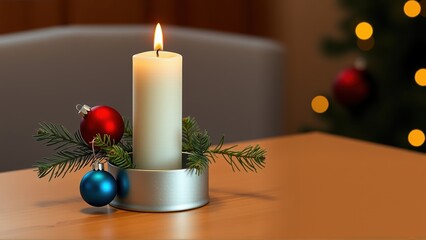Lit candle decorated with fir branch and festive Christmas baubles.