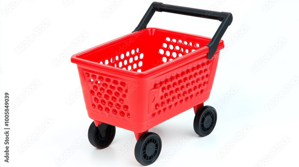 Poster a red plastic shopping cart with a black handle is shown empty. it's made to look like a real cart a