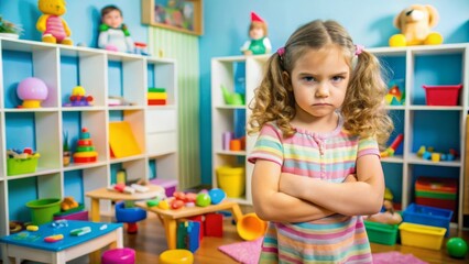 Defiant Young Girl with Arms Crossed in a Colorful Playroom, Expressing Childhood Frustration