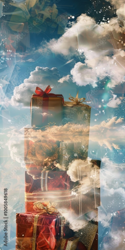 Poster a stack of presents is on top of a stack of presents. the presents are wrapped in red and gold. the 